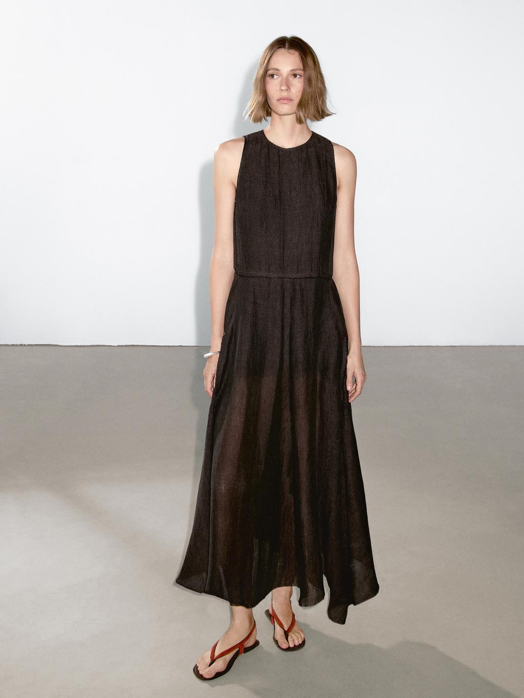 100% linen midi dress with frayed trims