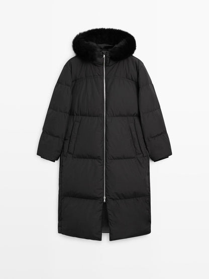 Technical down jacket with faux fur hood