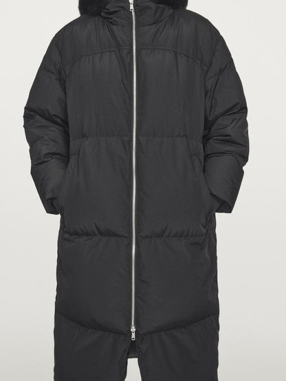 Technical down jacket with faux fur hood