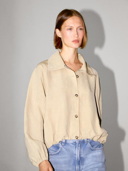 High neck linen blend bomber jacket