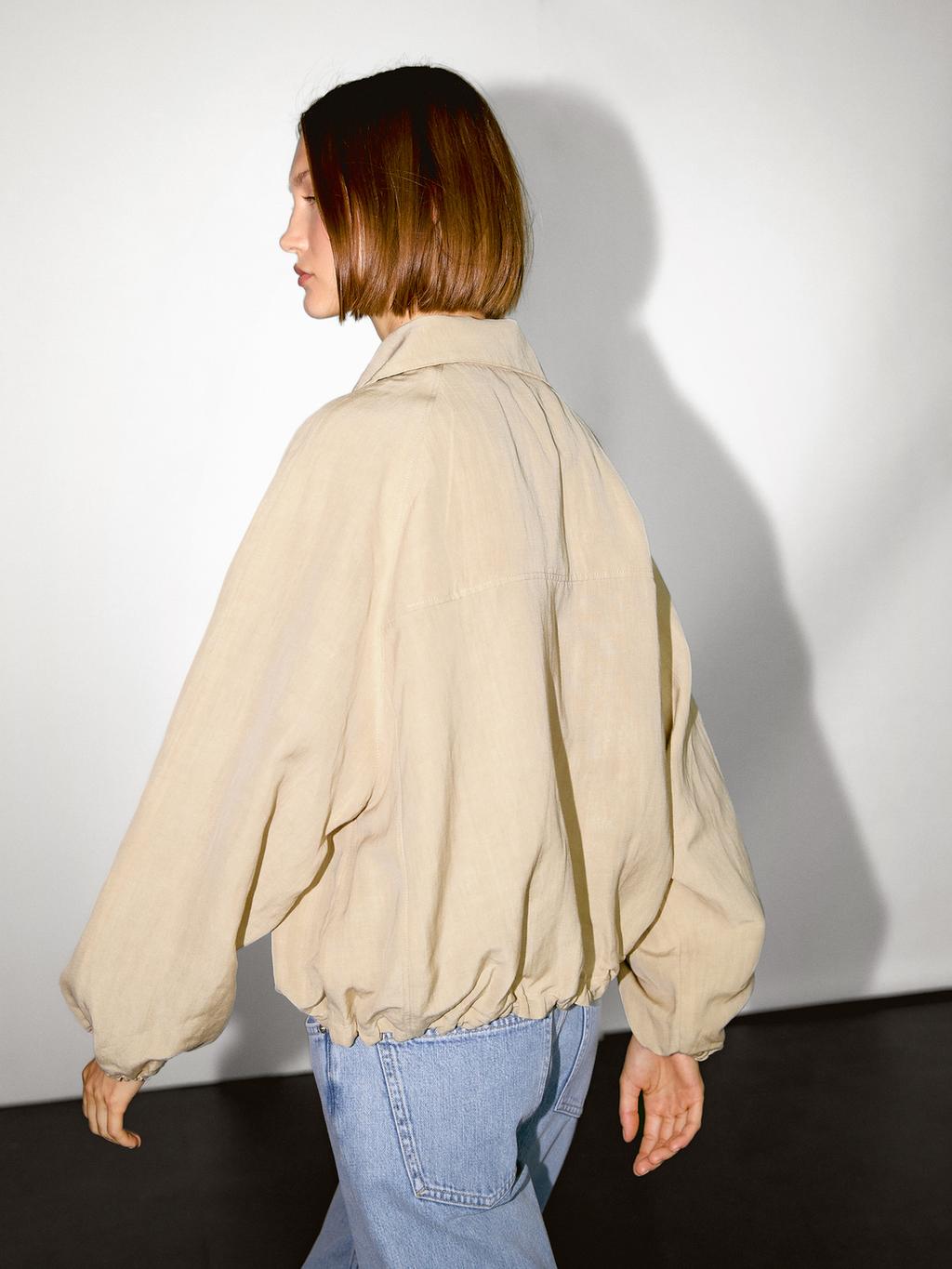 High neck linen blend bomber jacket