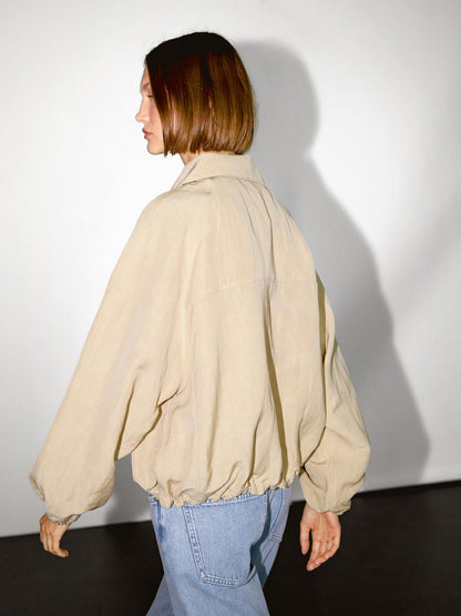 High neck linen blend bomber jacket