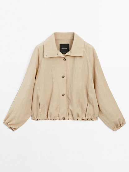 High neck linen blend bomber jacket