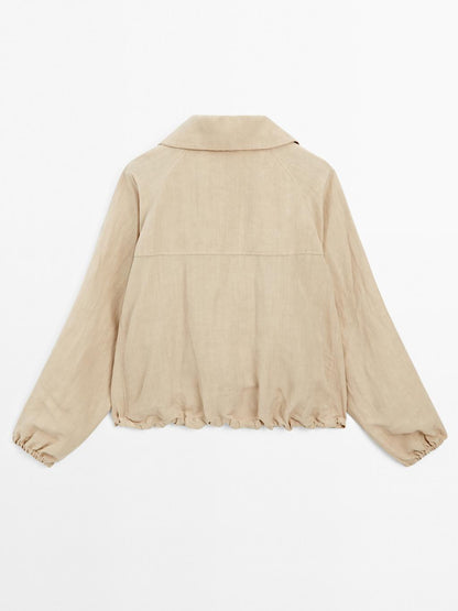 High neck linen blend bomber jacket