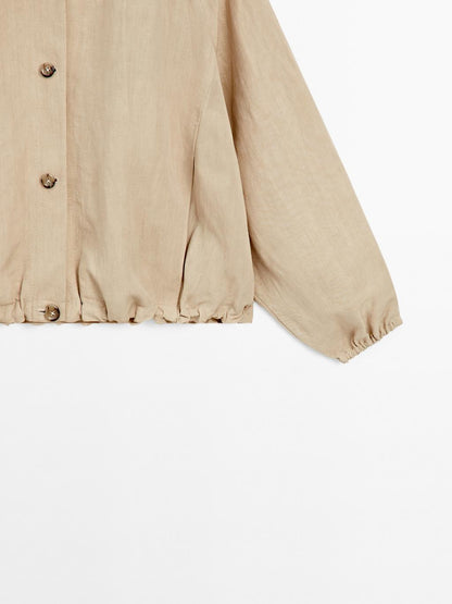 High neck linen blend bomber jacket
