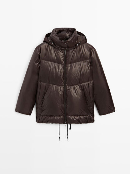 Water-repellent shiny down jacket with detachable hood