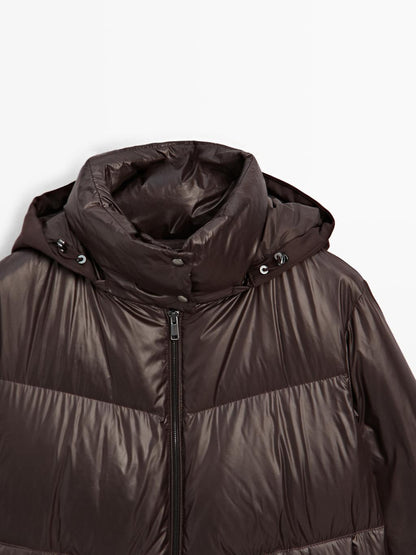 Water-repellent shiny down jacket with detachable hood
