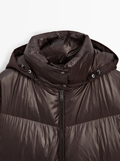 Water-repellent shiny down jacket with detachable hood