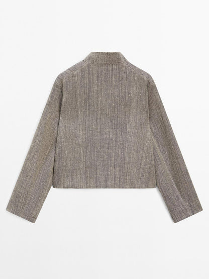 Short linen jacket with stand collar