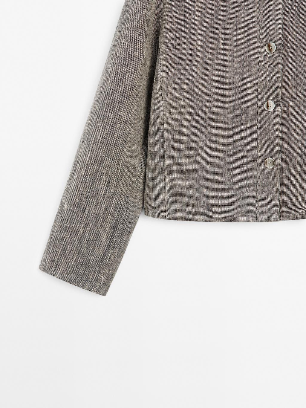 Short linen jacket with stand collar