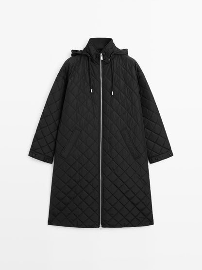 Long water-repellent oversize quilted parka