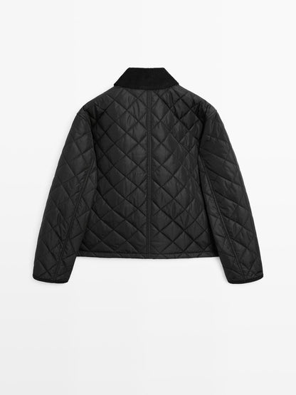 Short lightweight water-repellent puffer jacket with corduroy detail