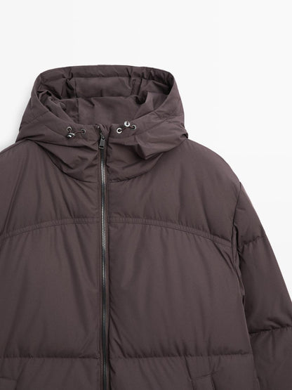 Long water-repellent puffer down jacket with hood