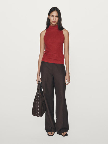 Knit halterneck top with metallic finish