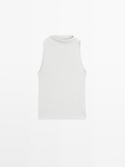 Knit halterneck top with metallic finish