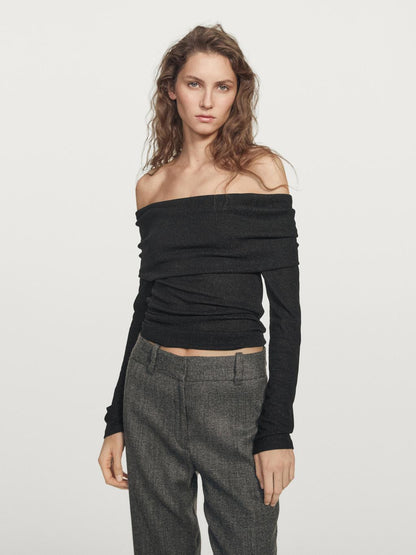 Ribbed long sleeve T-shirt with metallic finish