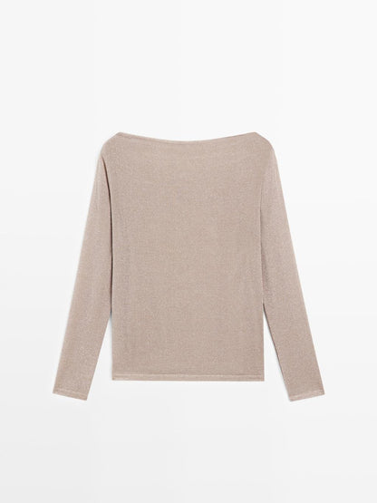 Boat neck T-shirt with metallic finish