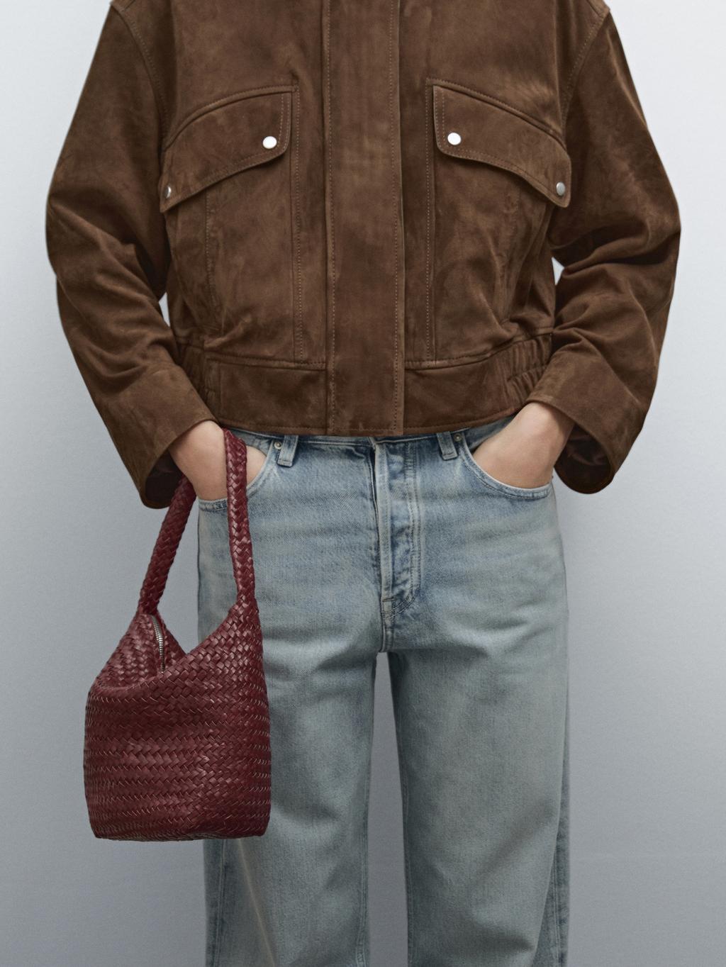 Nappa leather woven bucket bag