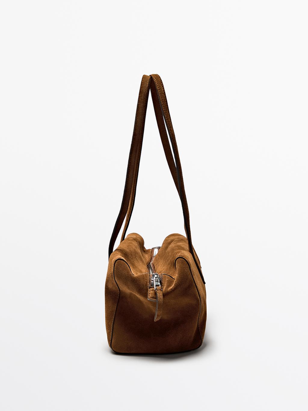 Split suede leather west satchel bag