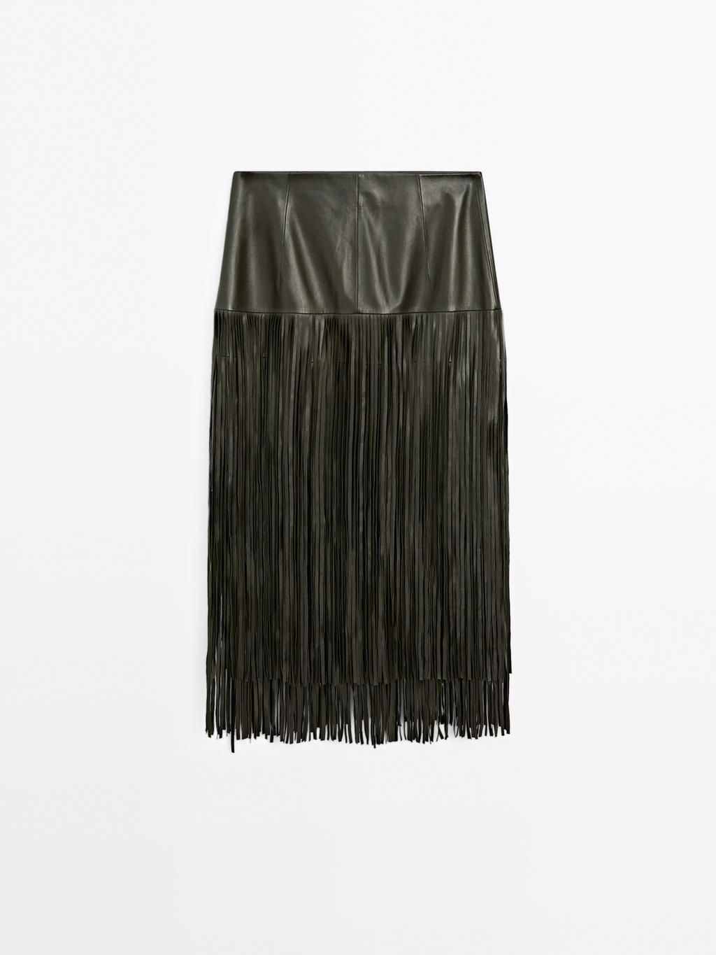 Nappa leather midi skirt with fringing - STUDIO