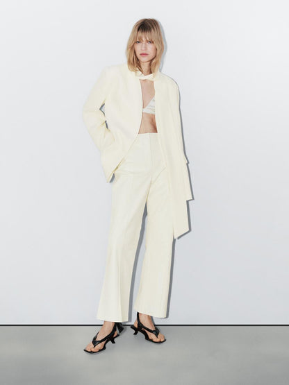 100% linen cropped blazer with scarf detail - STUDIO