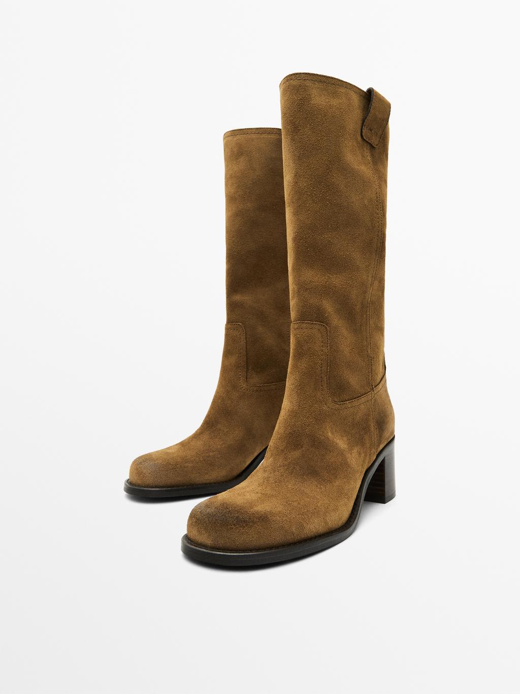 Brushed split leather heeled boots