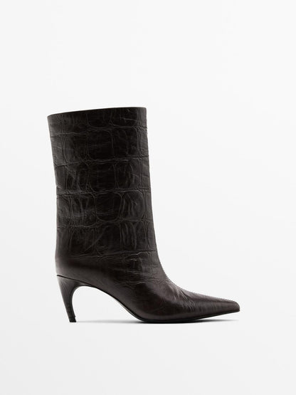 Embossed leather high-heel ankle boots