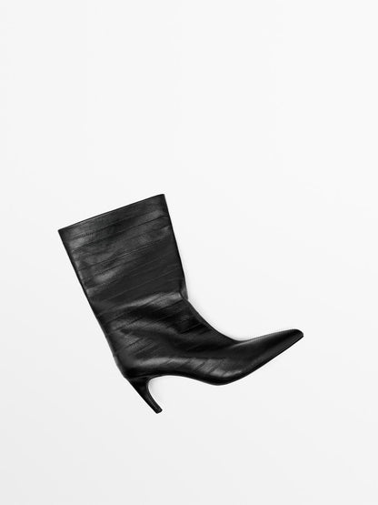 Embossed leather high-heel ankle boots