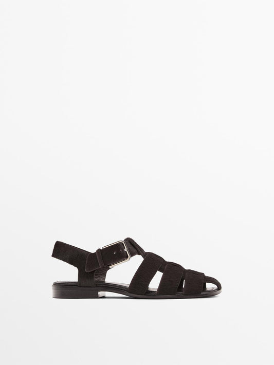 Hair on leather cage sandals