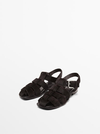 Hair on leather cage sandals