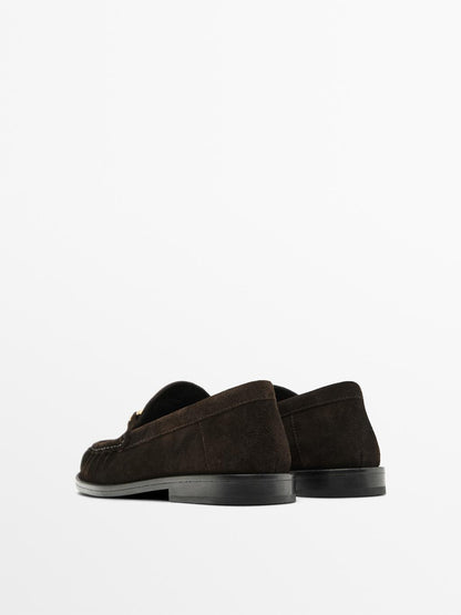 Split suede loafers with metal applique