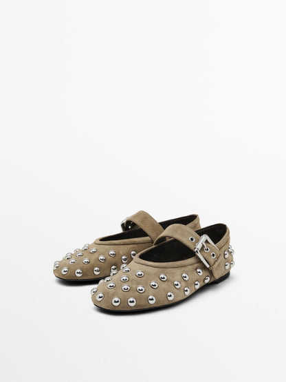 Studded split leather ballet flats
