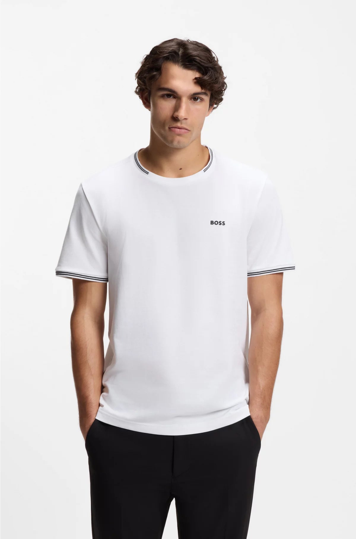 Stretch-cotton T-shirt with stripes and logo